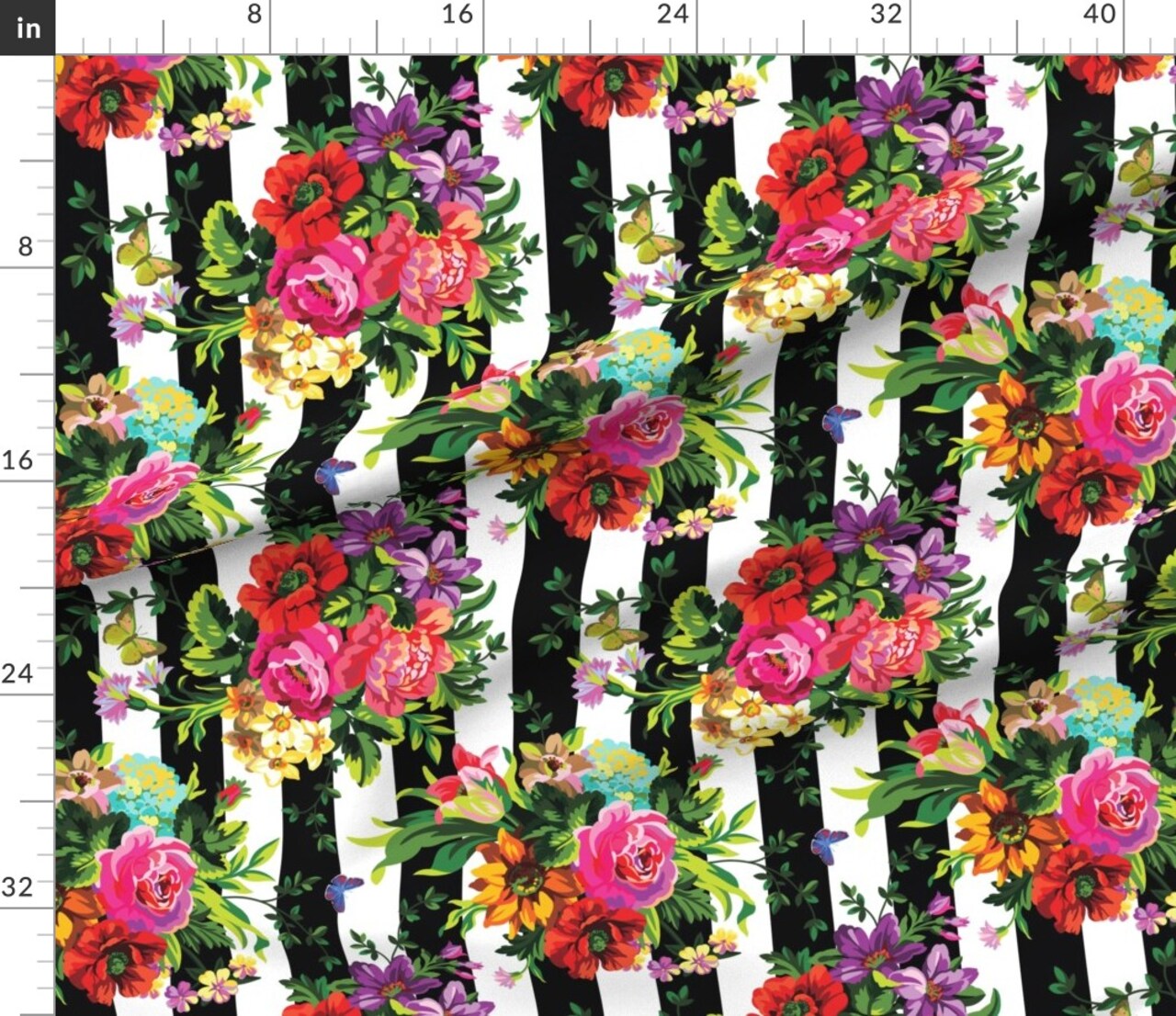 Various Fabrics by the Yard or Fat Quarter Floral Pop Stripes Large Print Black White Roses Butterfly Boho Rotated Custom Printed Fabric by Spoonflower 5626954